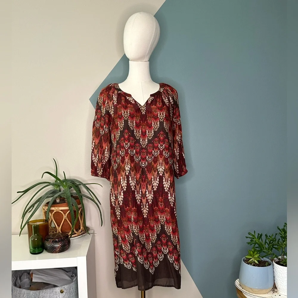 Sonoma Life + Style Boho Ikat Print Cotton Tunic Dress Red Brown 3/4 Sleeve Sz S - Picture 2 of 12